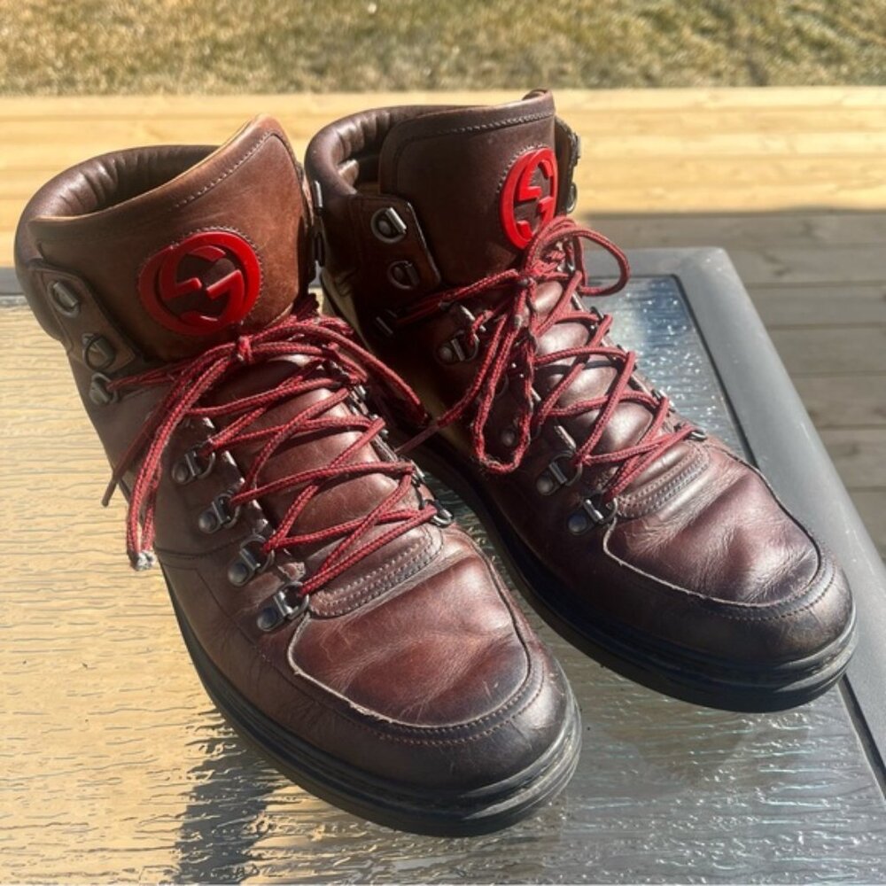 Authentic Gucci Interlocking GG Logo Leather Hiking Boots Brown Shoes 368496